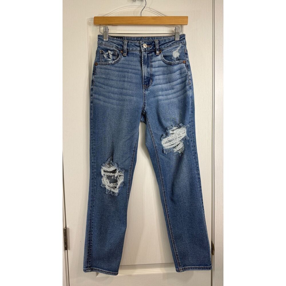 American Eagle Mom Straight Jeans Women's Size 2 Distressed Stretch Light Wash